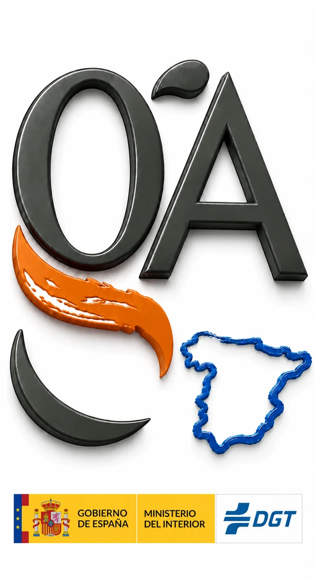 Logo gA en 3D, mapa de Espa&ntilde;a bajo la A y distintivos de Gobierno de Espa&ntilde;a, Ministerio del Interior y DGT